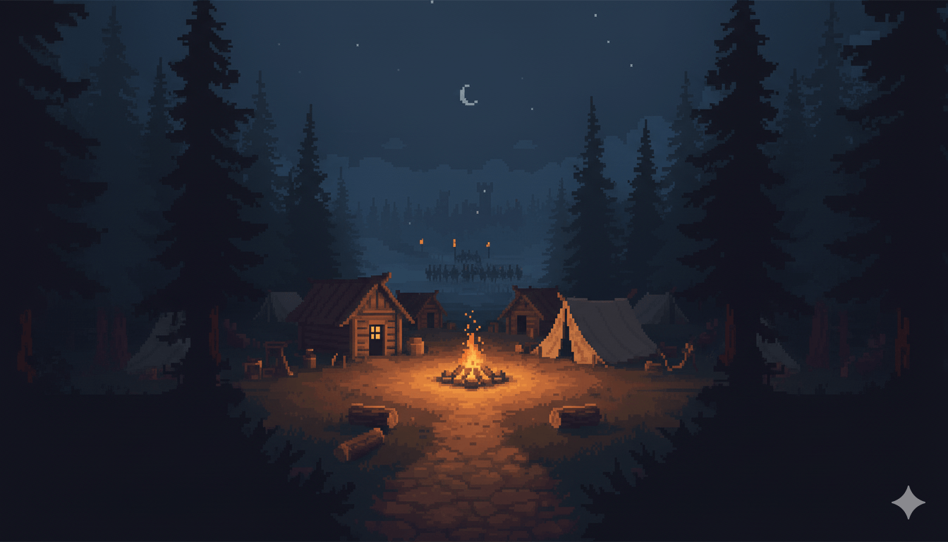 Campamento nocturno con hoguera